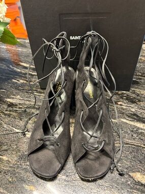 Saint Laurent Black Suede Lace-Up Peep-Toe Block Heels